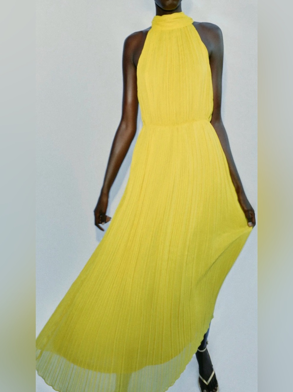 Zara NWT Bright Yellow Pleated Midi Dress